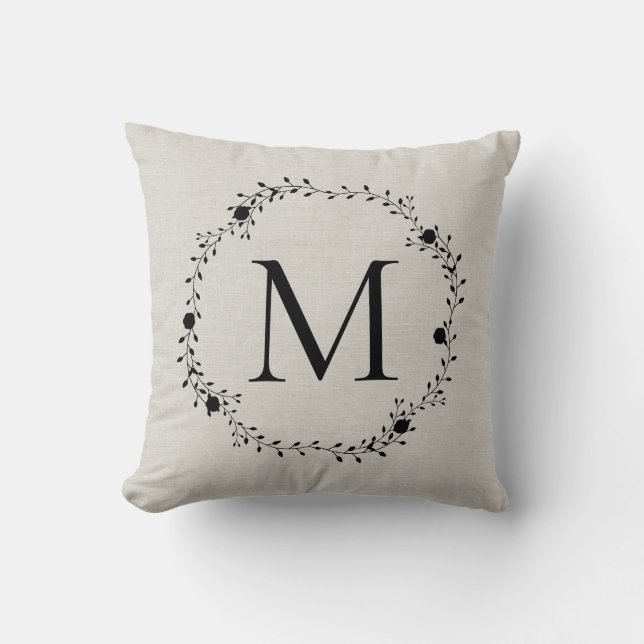 Monogrammed wreath with name and Est date on back Throw Pillow (Front)