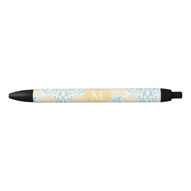Monogrammed Yellow and Aqua Floral Damask Pen (Front)