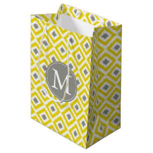 Monogrammed Yellow and Gray Diamonds Ikat Pattern Medium Gift Bag