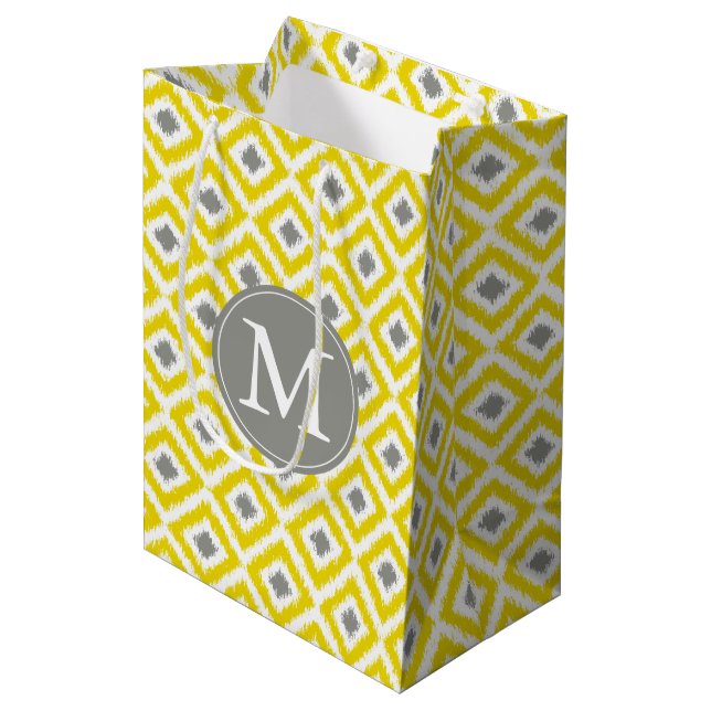 Monogrammed Yellow and Gray Diamonds Ikat Pattern Medium Gift Bag (Front Angled)