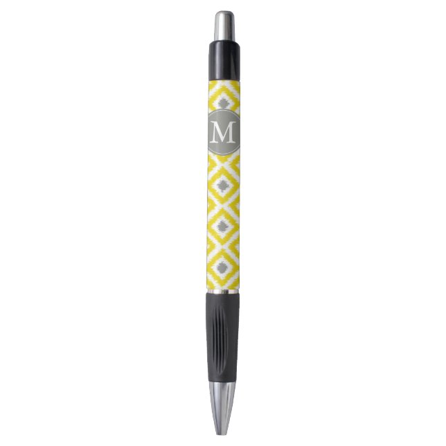 Monogrammed Yellow and Gray Diamonds Ikat Pattern Pen (Front Vertical)