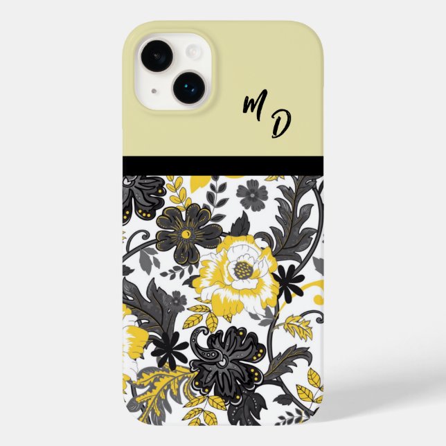 Monogrammed Yellow and Gray Floral  Case-Mate iPhone Case (Back)