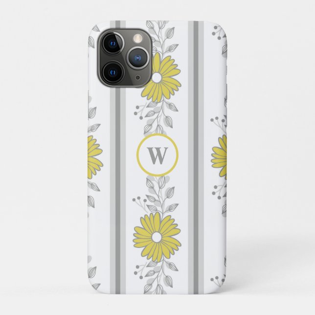 Monogrammed Yellow and Gray Floral  Case-Mate iPhone Case (Back)