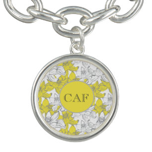 Monogrammed Yellow and Gray Floral Charm Bracelet