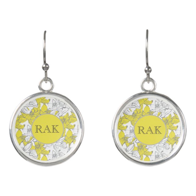 Monogrammed Yellow and Gray Floral Earrings (Front)
