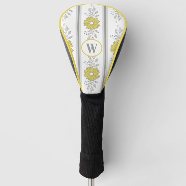 Monogrammed Yellow and Gray Floral  Golf Head Cover (Front)