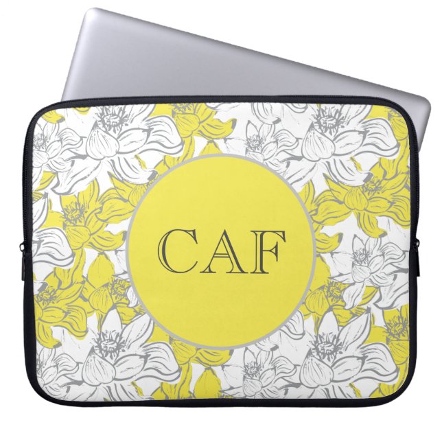 Monogrammed Yellow and Gray Floral  Laptop Sleeve (Front)