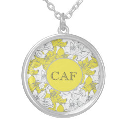 Monogrammed Yellow and Gray Floral  Silver Plated Necklace