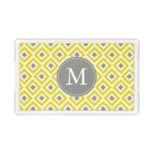 Monogrammed Yellow and Gray Ikat Diamonds Pattern Acrylic Tray