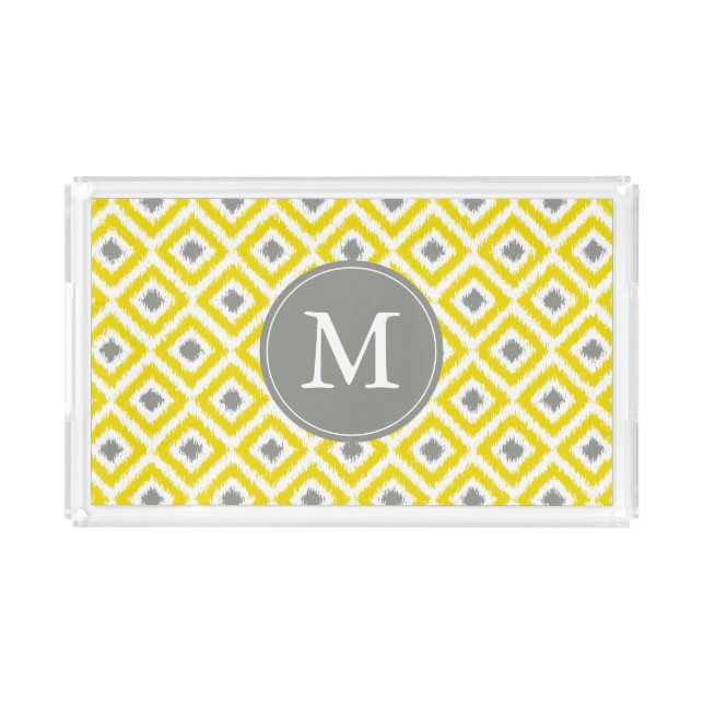 Monogrammed Yellow and Gray Ikat Diamonds Pattern Acrylic Tray (Front)