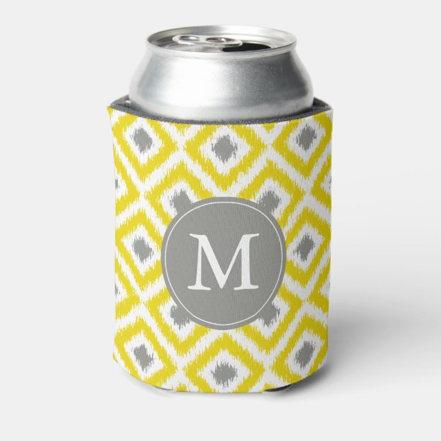 Monogrammed Yellow and Gray Ikat Diamonds Pattern Can Cooler (Can Back)