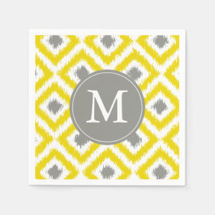 Monogrammed Yellow and Gray Ikat Diamonds Pattern Paper Napkins