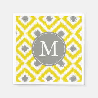 Monogrammed Yellow and Gray Ikat Diamonds Pattern Paper Napkins