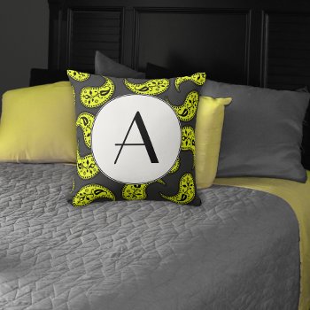Monogrammed Yellow And Gray Paisley Pattern Throw Pillow by machomedesigns at Zazzle