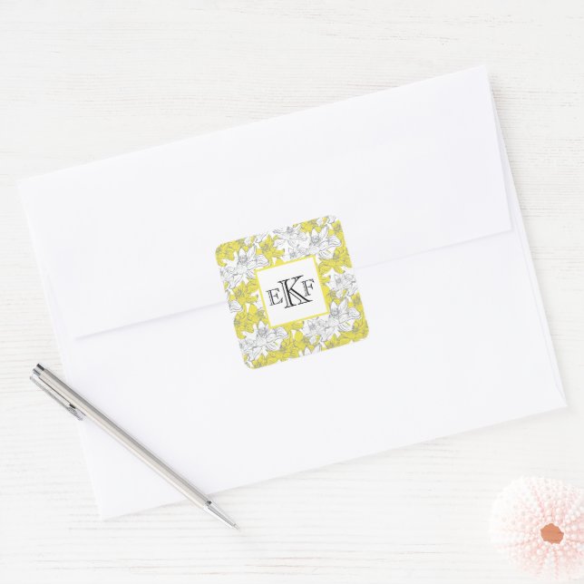 Monogrammed Yellow and Gray White Floral  Square Sticker (Envelope)