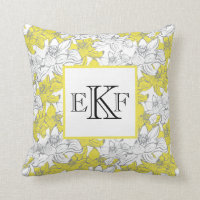 Monogrammed Yellow and Gray White Floral Throw Pillow