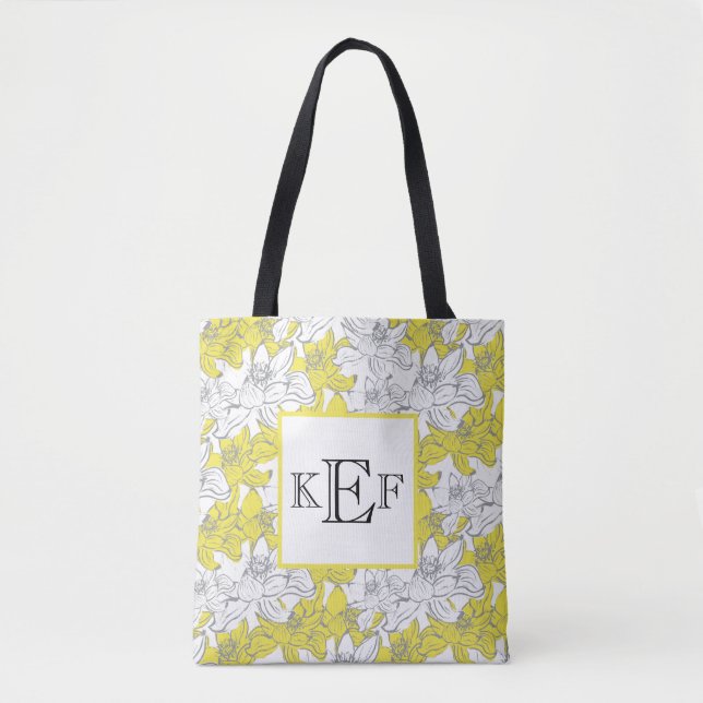 Monogrammed Yellow and Gray White Floral   Tote Bag (Front)