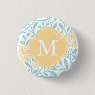 Monogrammed Yellow Aqua Floral Damask Pattern Button