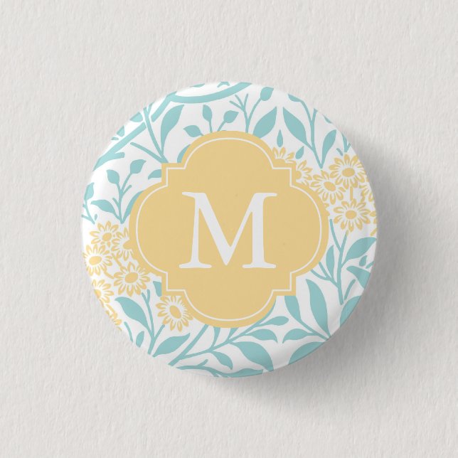 Monogrammed Yellow Aqua Floral Damask Pattern Button (Front)