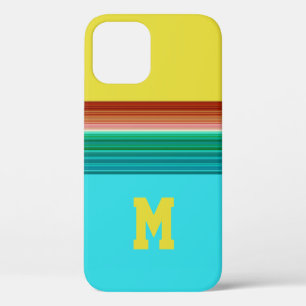 Monogrammed Yellow Blue Multicolor Striped Pattern iPhone 12 Case