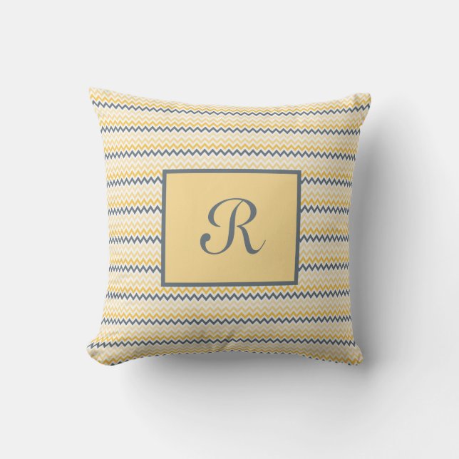 Monogrammed Yellow Gray Chevron Script Font  Throw Pillow (Front)