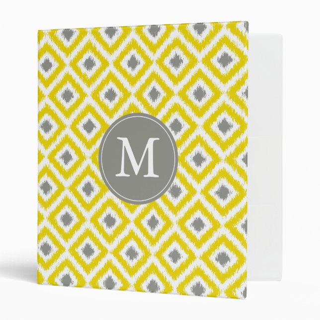 Monogrammed Yellow Gray Diamond Ikat Pattern Binder (Front/Inside)
