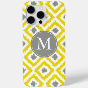Monogrammed Yellow Gray Diamond Ikat Pattern iPhone 15 Pro Max Case