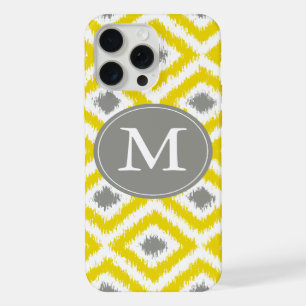 Monogrammed Yellow Gray Diamond Ikat Pattern iPhone 15 Pro Max Case