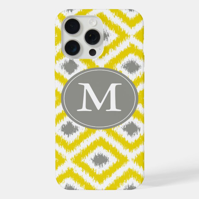 Monogrammed Yellow Gray Diamond Ikat Pattern Iphone Case (Back)