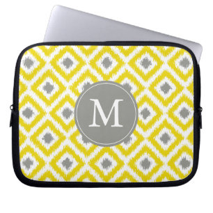 Monogrammed Yellow Gray Diamond Ikat Pattern Laptop Sleeve