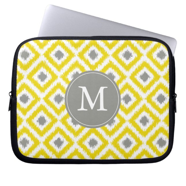 Monogrammed Yellow Gray Diamond Ikat Pattern Laptop Sleeve (Front)