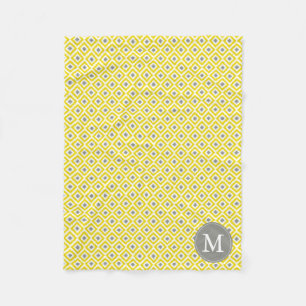 Monogrammed Yellow Gray Diamonds Ikat Pattern Fleece Blanket
