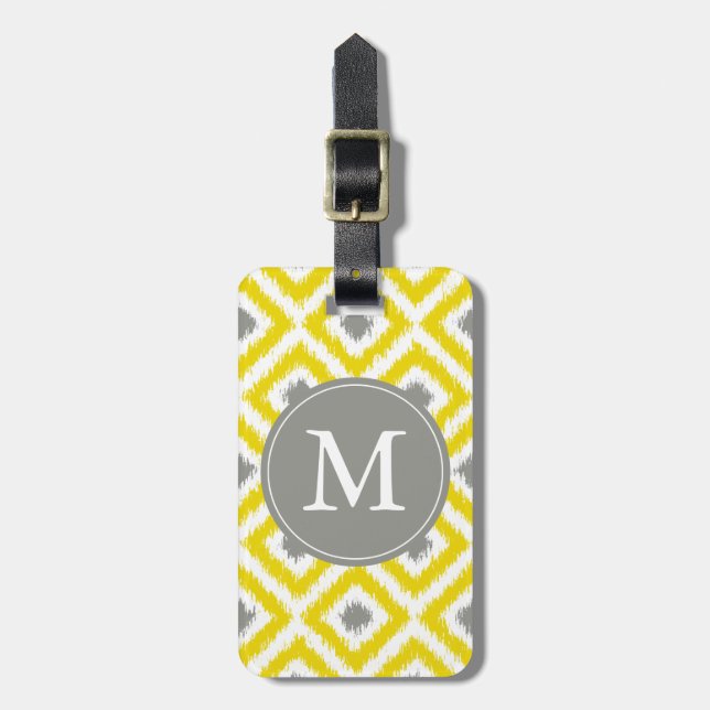Monogrammed Yellow Gray Diamonds Ikat Pattern Luggage Tag (Front Vertical)