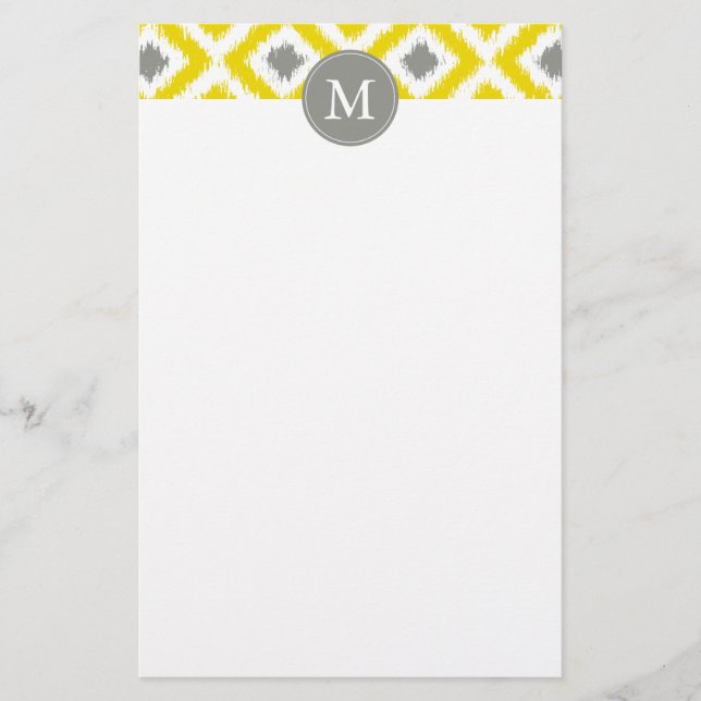Monogrammed Yellow Gray Diamonds Ikat Pattern Stationery (Front)
