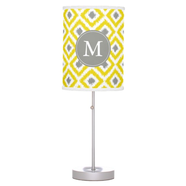 Monogrammed Yellow Gray Diamonds Ikat Pattern Table Lamp (Front)