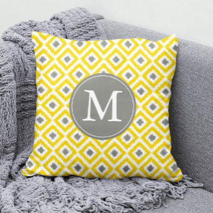 Monogrammed Yellow Gray Diamonds Ikat Pattern Throw Pillow