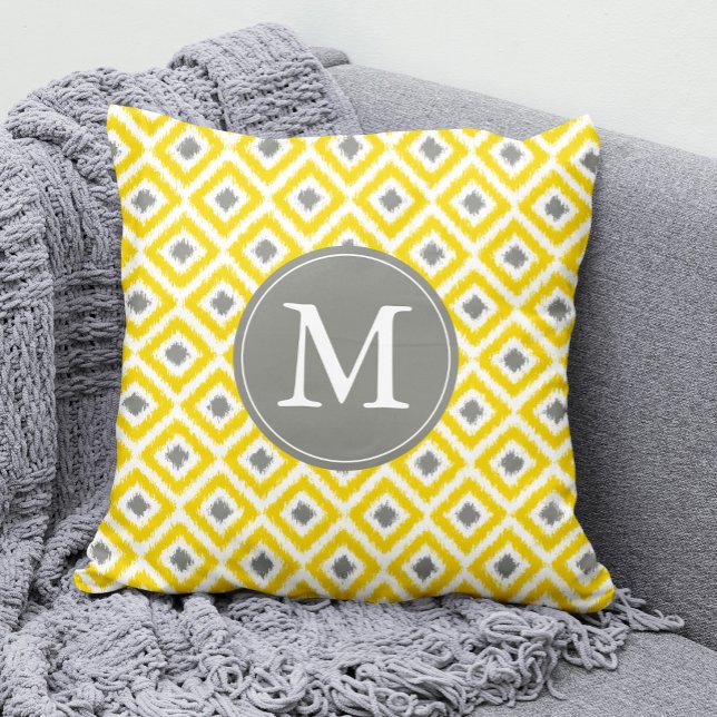 Monogrammed Yellow Gray Diamonds Ikat Pattern Throw Pillow (Creator Uploaded)