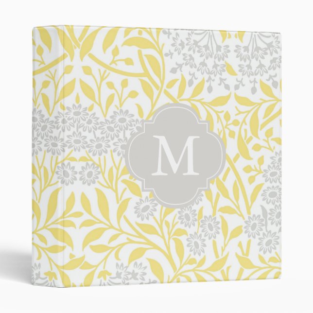 Monogrammed Yellow Gray Floral Damask Pattern Binder (Front/Spine)