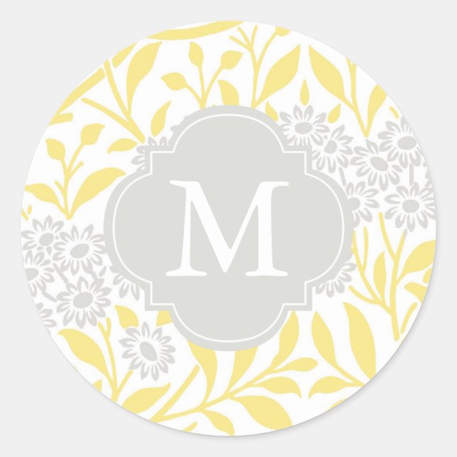 Monogrammed Yellow Gray Floral Damask Pattern Classic Round Sticker (Front)