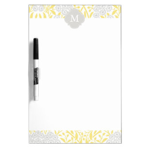 Monogrammed Yellow Gray Floral Damask Pattern Dry-Erase Board