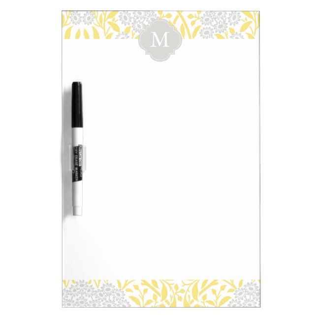 Monogrammed Yellow Gray Floral Damask Pattern Dry-Erase Board (Front)
