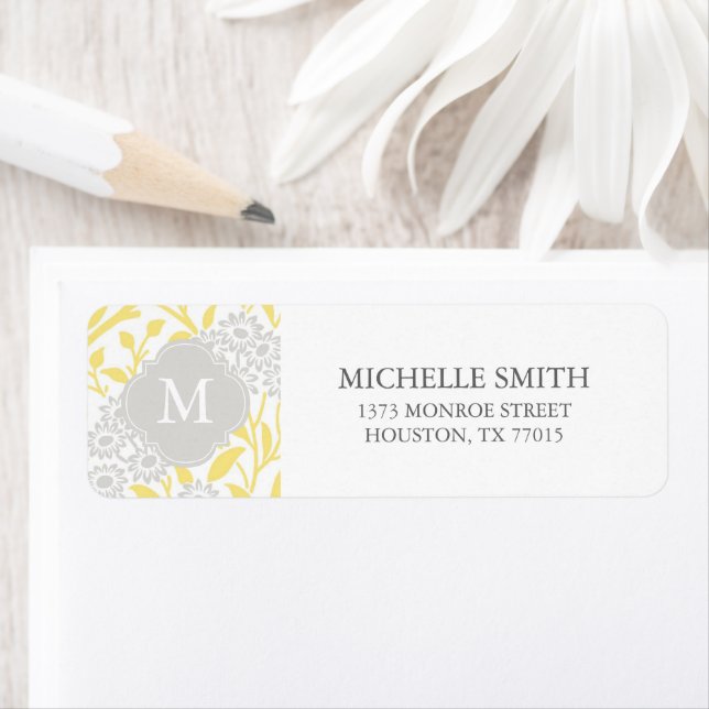 Monogrammed Yellow Gray Floral Damask Pattern Label (Insitu)