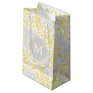 Monogrammed Yellow Gray Floral Damask Pattern Small Gift Bag