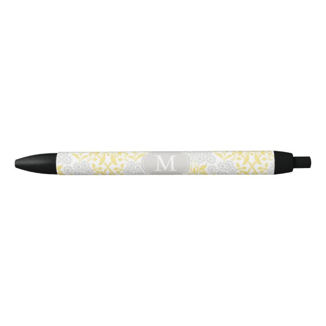 Monogrammed Yellow Gray Floral Damask Pen (Front)
