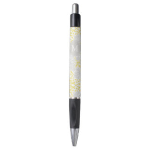Monogrammed Yellow Gray Floral Damask Pen