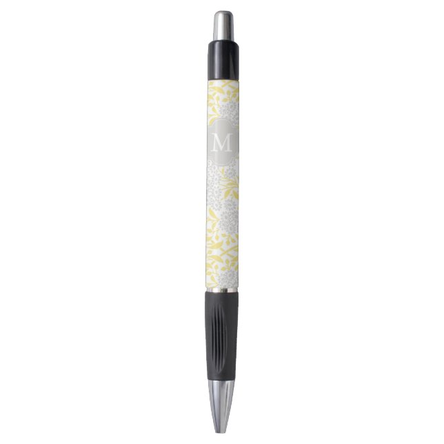 Monogrammed Yellow Gray Floral Damask Pen (Front Vertical)