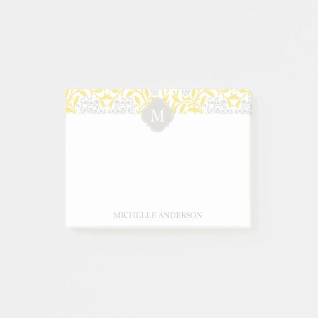 Monogrammed Yellow Gray Floral Damask Post-it Notes (Front)