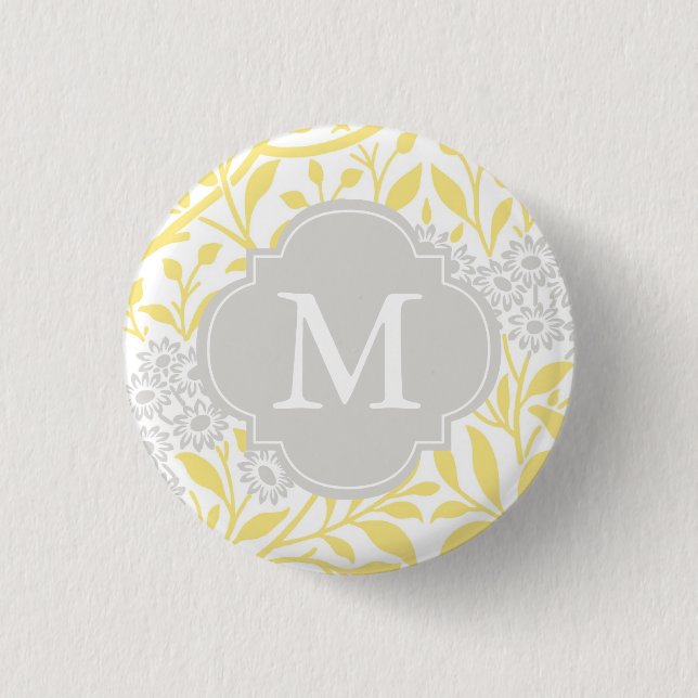 Monogrammed Yellow Gray Floral Pattern Button (Front)