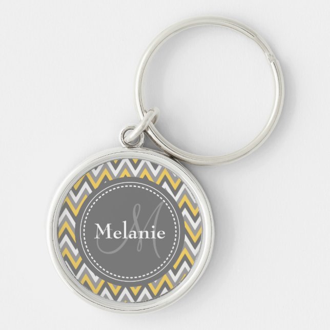 Monogrammed Yellow & Grey Chevron Pattern Keychain (Front)