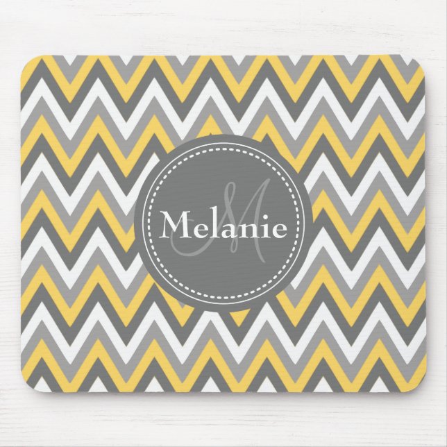 Monogrammed Yellow & Grey Chevron Pattern Mouse Pad (Front)